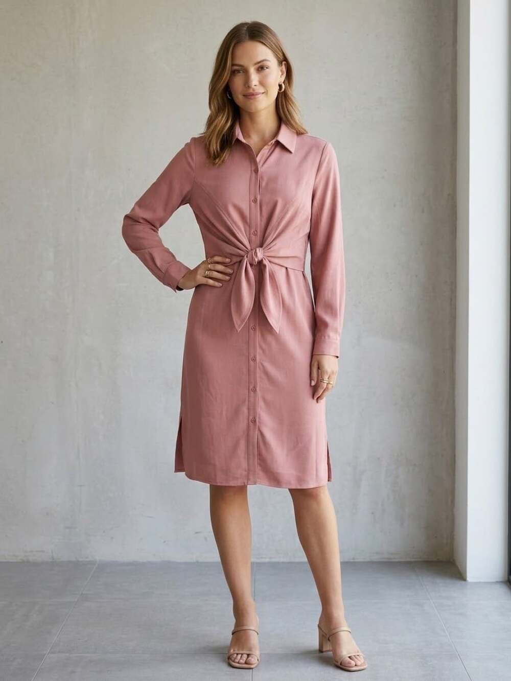 Promesa Long Sleeve Tie Waist Button Down Midi Dress